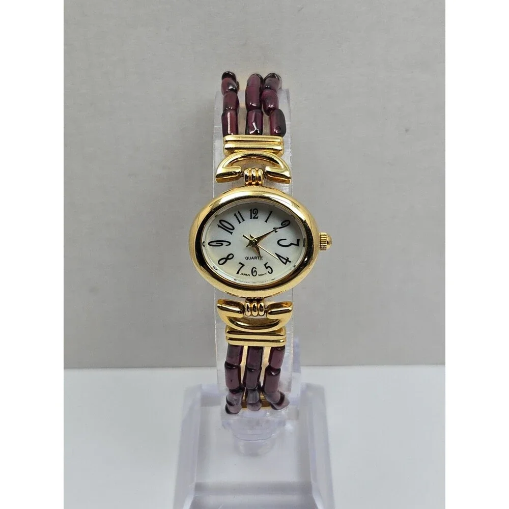 Womens Vintage Avon Purple Beaded Gold Tone Watch Quartz Y2K Dainty New Battery